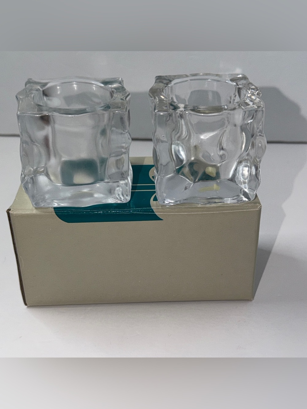 NIB Partylite Glacier Ice Cube Glass Votive Candle Holders Square Pair Set Of 2